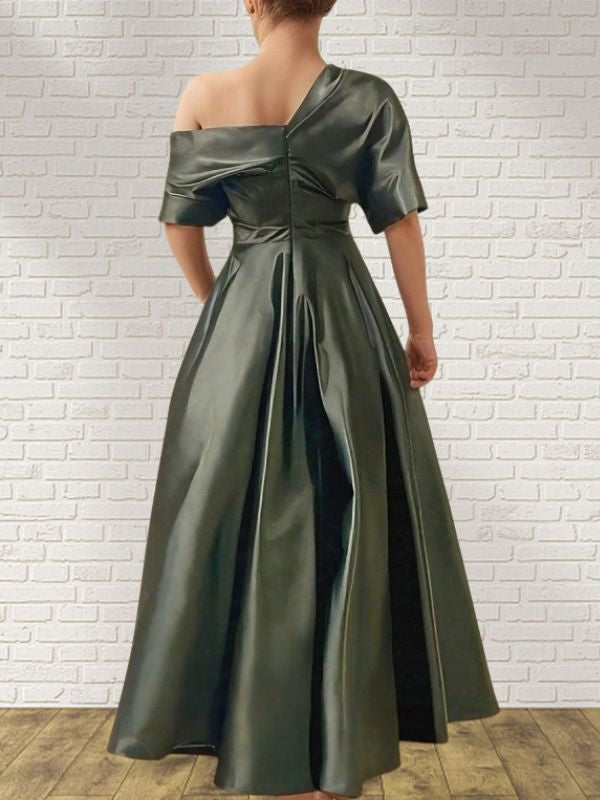 A-line Short Sleeves Pleated Ankle-Length Silk like Satin Mother of the Bride Dress