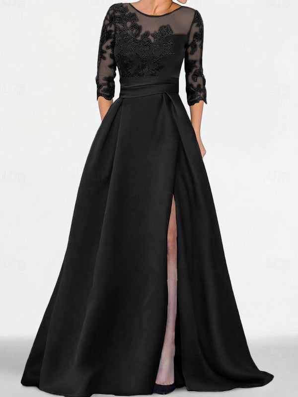 A-line Scoop 3/4 Sleeves Appliques Lace Sweep Train Satin Mother of the Bride Dress