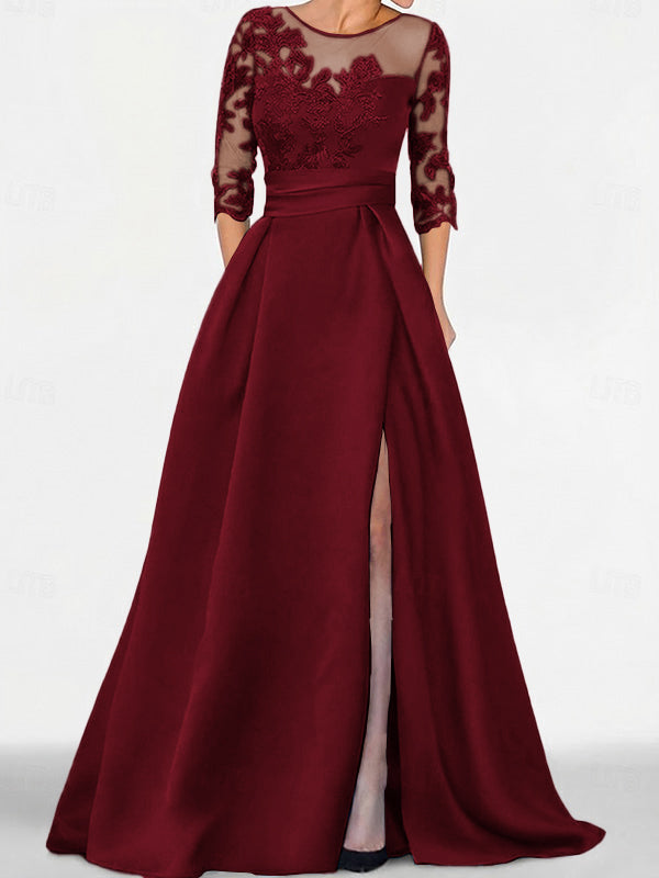 A-line Scoop 3/4 Sleeves Appliques Lace Sweep Train Satin Mother of the Bride Dress