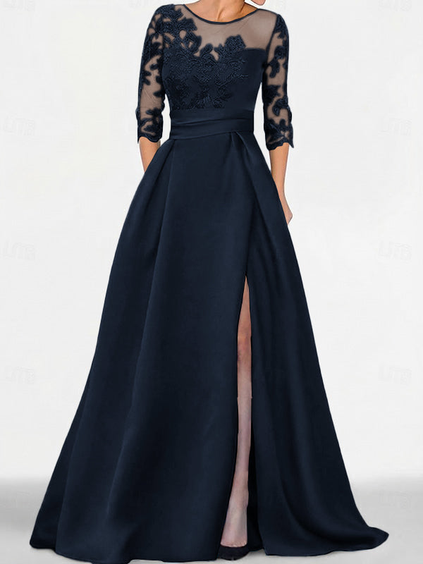A-line Scoop 3/4 Sleeves Appliques Lace Sweep Train Satin Mother of the Bride Dress