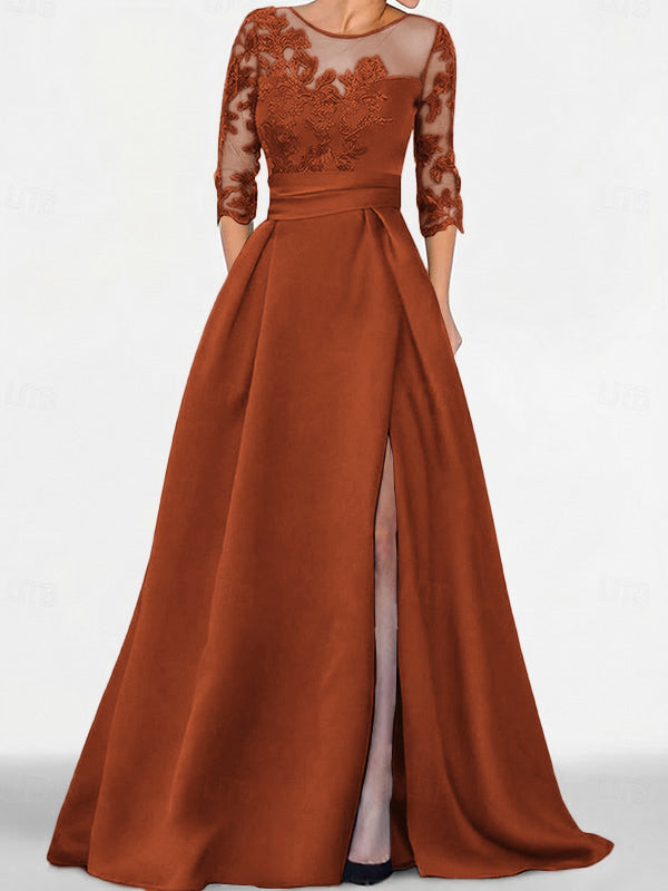 A-line Scoop 3/4 Sleeves Appliques Lace Sweep Train Satin Mother of the Bride Dress