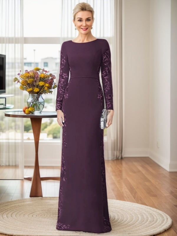 Sheath Scoop Long Sleeves Appliques Lace Floor-Length Stretch Crepe Mother of the Bride Dress