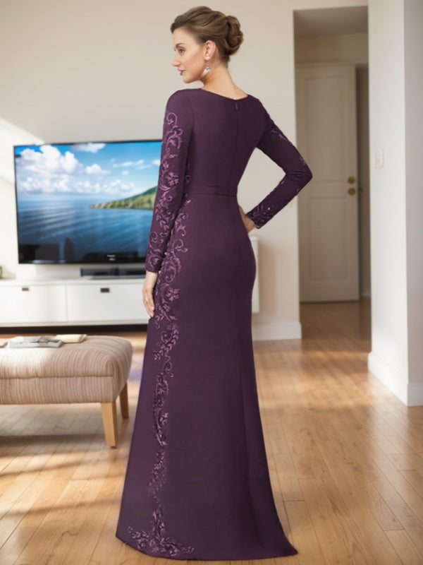 Sheath Scoop Long Sleeves Appliques Lace Floor-Length Stretch Crepe Mother of the Bride Dress