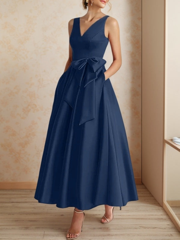A-line V-neck Ruffles Ankle-Length Satin Satin Mother of the Bride Dress