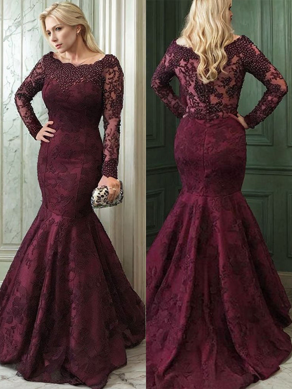 Mermaid Bateau Long Sleeves Appliques Lace Sweep Train Lace Mother of the Bride Dress