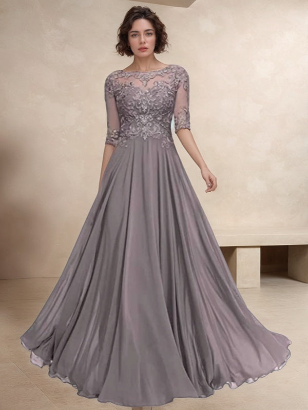 A-line Bateau 1/2 Sleeves Appliques Lace Floor-Length Chiffon Mother of the Bride Dress