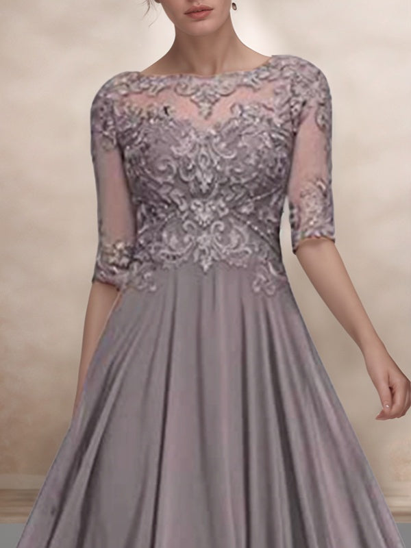 A-line Bateau 1/2 Sleeves Appliques Lace Floor-Length Chiffon Mother of the Bride Dress