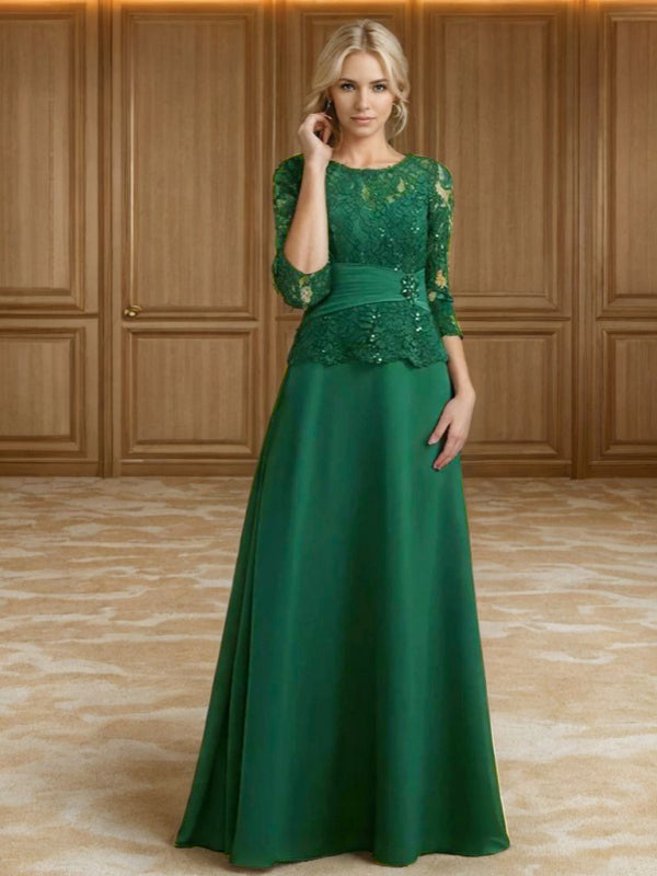 A-line Scoop 3/4 Sleeves Appliques Lace Floor-Length Chiffon Mother of the Bride Dress