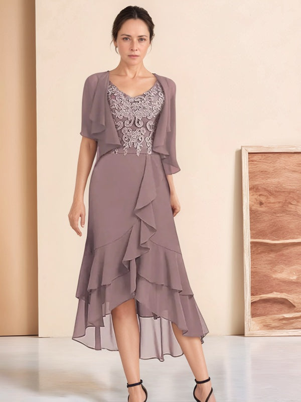 A-line V-neck 1/2 Sleeves Appliques Lace Asymmetrical Chiffon Mother of the Bride Dress