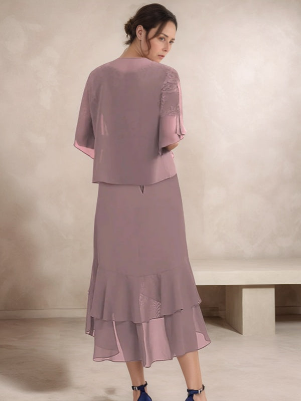 A-line V-neck 1/2 Sleeves Appliques Lace Asymmetrical Chiffon Mother of the Bride Dress