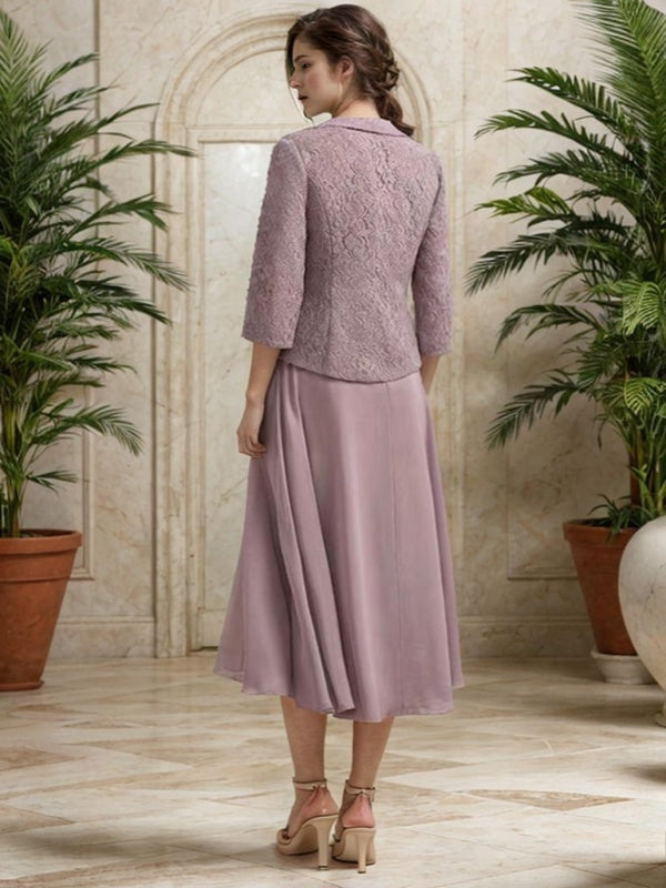 A-line Square 3/4 Sleeves Ruffles Tea-Length Chiffon Mother of the Bride Dress