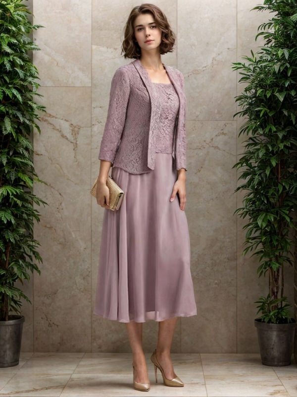 A-line Square 3/4 Sleeves Ruffles Tea-Length Chiffon Mother of the Bride Dress