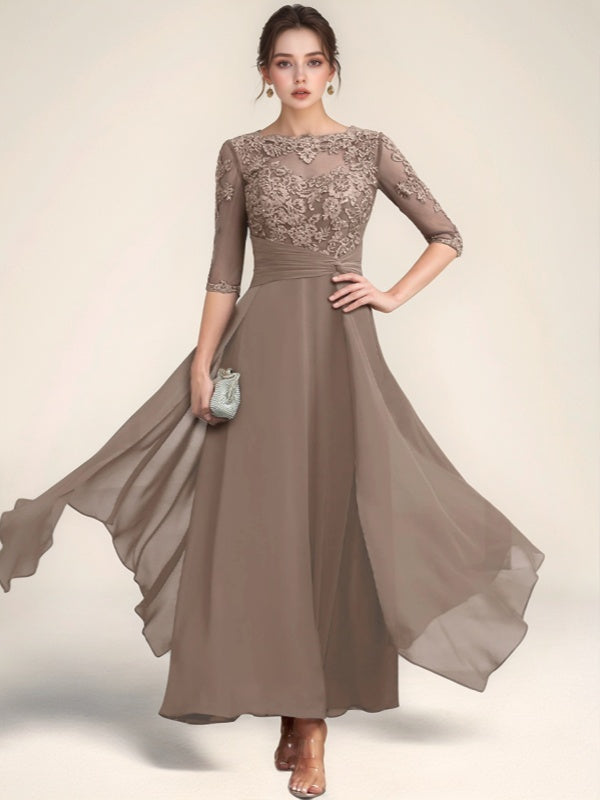 A-line Bateau 1/2 Sleeves Appliques Lace Ankle-Length Chiffon Mother of the Bride Dress