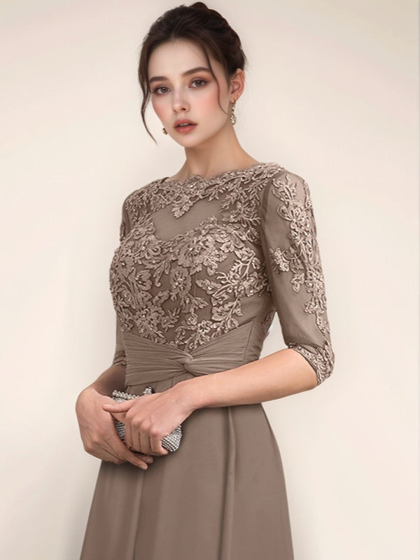 A-line Bateau 1/2 Sleeves Appliques Lace Ankle-Length Chiffon Mother of the Bride Dress