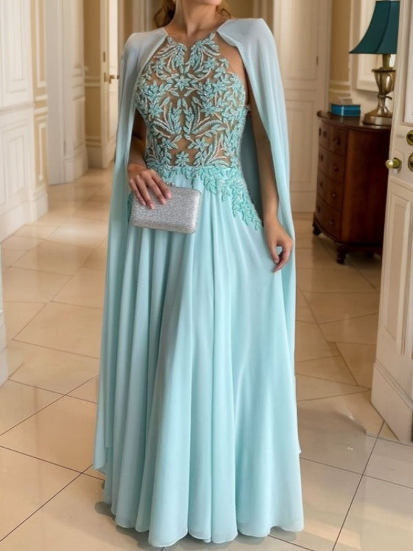 A-line Scoop Appliques Lace Floor-Length Chiffon Mother of the Bride Dress