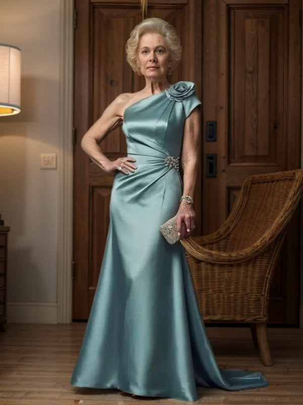Sheath One-Shoulder Pleated Court Train Satin Mother of the Bride Dress