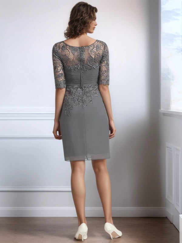 Sheath Bateau 1/2 Sleeves Appliques Lace Short/Mini Chiffon Mother of the Bride Dress