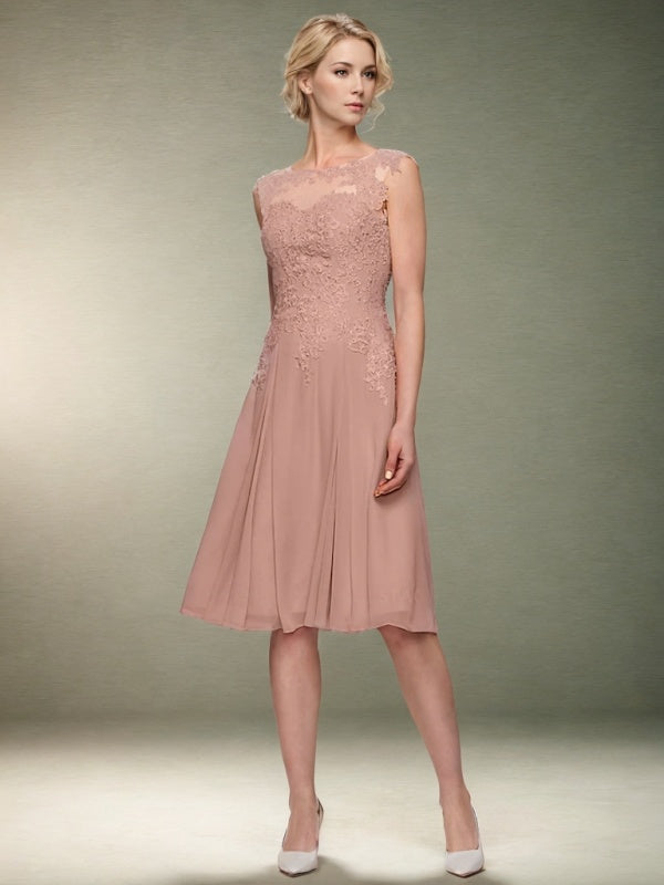 A-line Bateau Appliques Lace Knee-Length Chiffon Mother of the Bride Dress