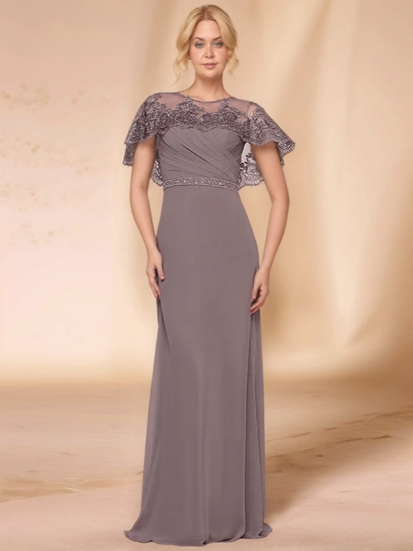 Sheath Bateau Short Sleeves Appliques Lace Floor-Length Chiffon Mother of the Bride Dress