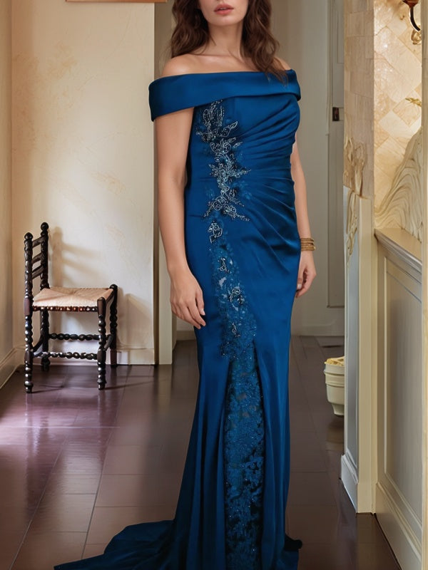 Sheath Off-the-Shoulder Appliques Lace Court Train Silk like Satin Mother of the Bride Dress