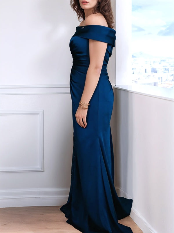 Sheath Off-the-Shoulder Appliques Lace Court Train Silk like Satin Mother of the Bride Dress