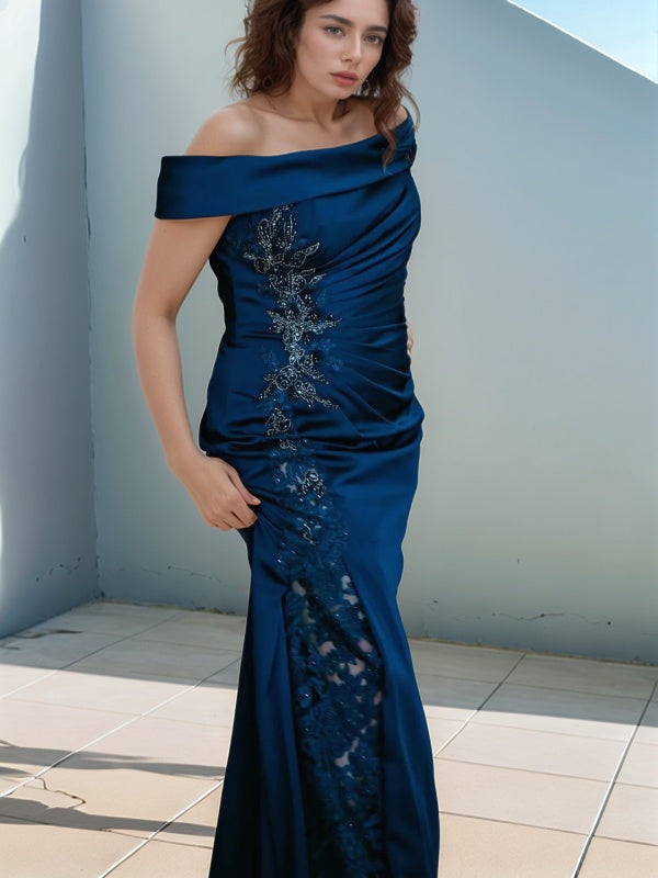 Sheath Off-the-Shoulder Appliques Lace Court Train Silk like Satin Mother of the Bride Dress