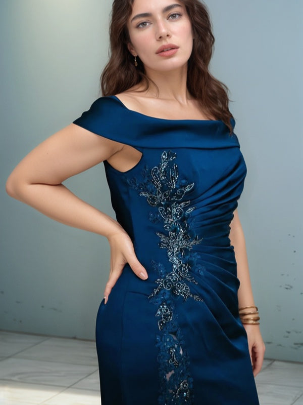 Sheath Off-the-Shoulder Appliques Lace Court Train Silk like Satin Mother of the Bride Dress