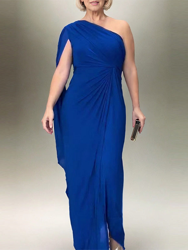 Sheath One-Shoulder Pleated Floor-Length Satin Chiffon Mother of the Bride Dress