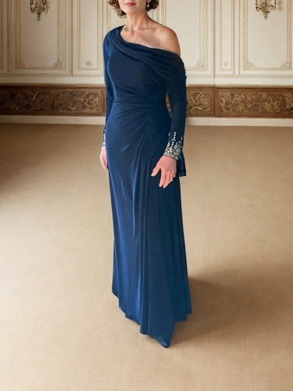 Sheath One-Shoulder Long Sleeves Pleated Floor-Length Jersey Mother of the Bride Dress