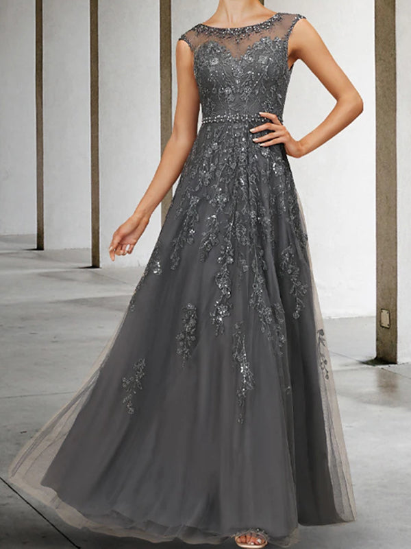 A-line Scoop Appliques Lace Floor-Length Tulle Mother of the Bride Dress