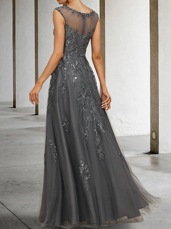 A-line Scoop Appliques Lace Floor-Length Tulle Mother of the Bride Dress