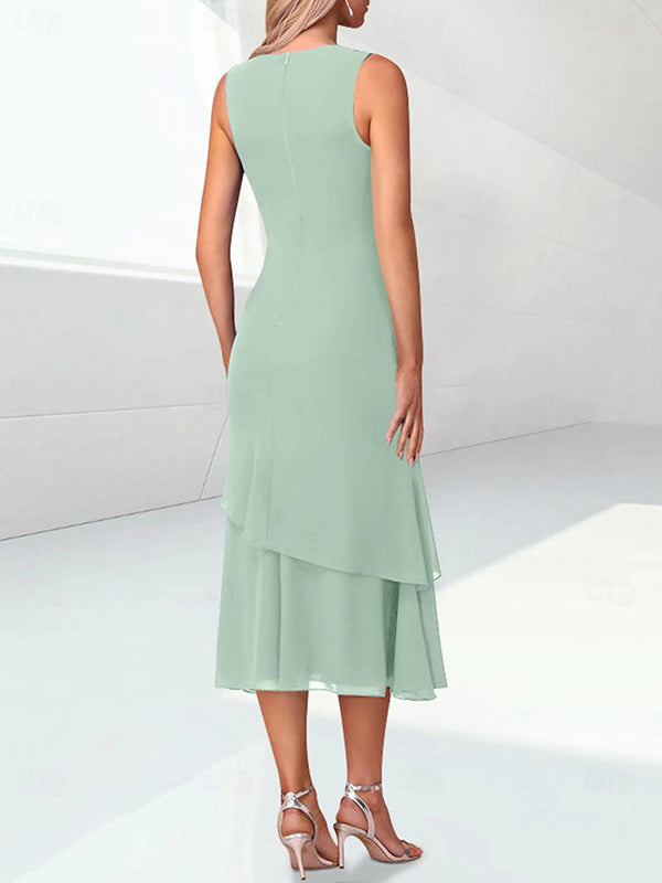 A-line Scoop Cascading Ruffles Tea-Length Chiffon Mother of the Bride Dress