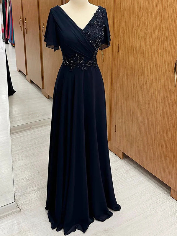 A-line V-neck Short Sleeves Appliques Lace Floor-Length Chiffon Mother of the Bride Dress