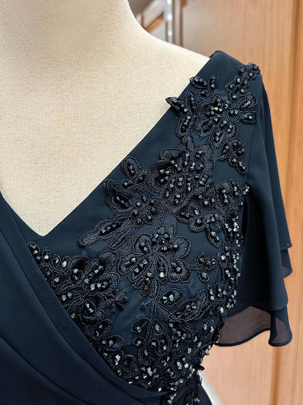 A-line V-neck Short Sleeves Appliques Lace Floor-Length Chiffon Mother of the Bride Dress