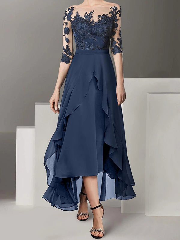 A-line Scoop 3/4 Sleeves Appliques Lace Asymmetrical Chiffon Mother of the Bride Dress