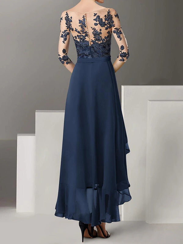 A-line Scoop 3/4 Sleeves Appliques Lace Asymmetrical Chiffon Mother of the Bride Dress