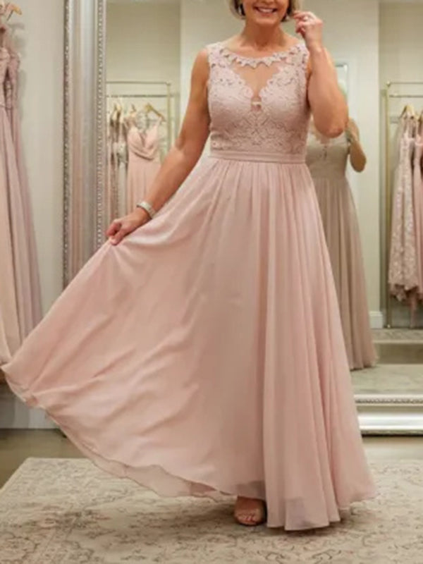 A-line Scoop Appliques Lace Floor-Length Chiffon Mother of the Bride Dress