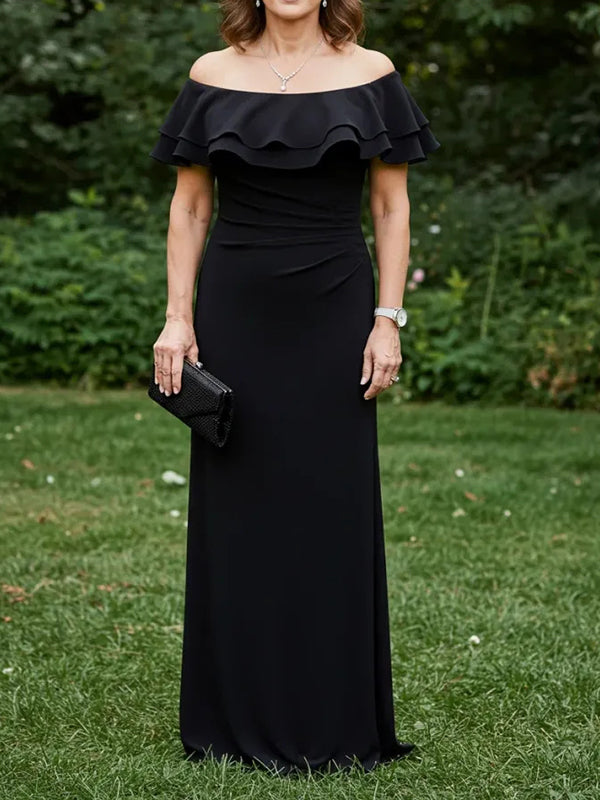 Sheath Off-the-Shoulder Pleated Floor-Length Chiffon Mother of the Bride Dress