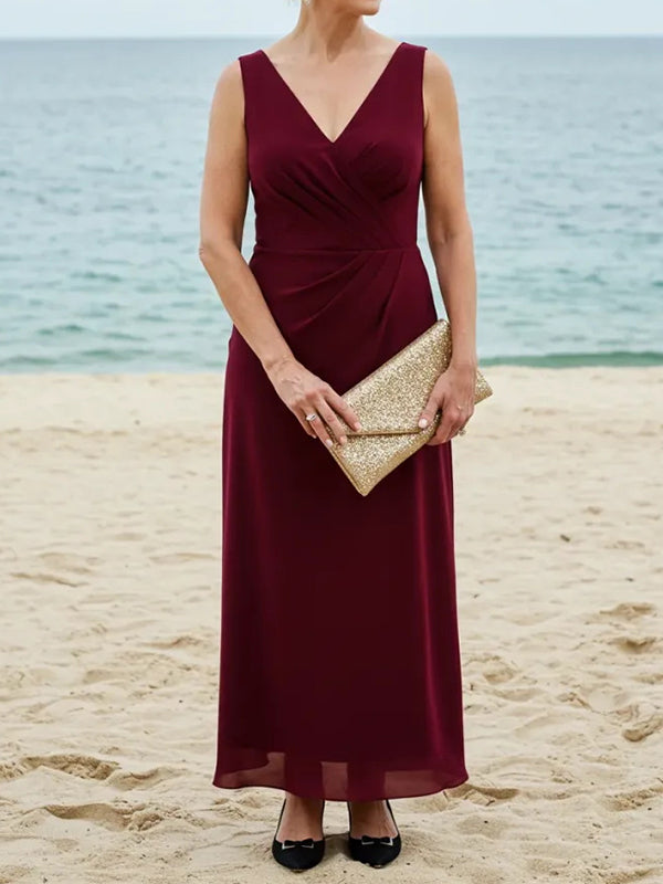 Sheath V-neck Pleated Ankle-Length Chiffon Mother of the Bride Dress