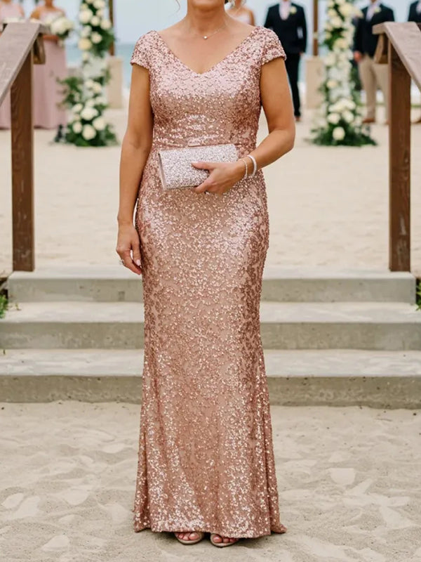 Sheath V-neck Short Sleeves Floor-Length Mother of the Bride Dress