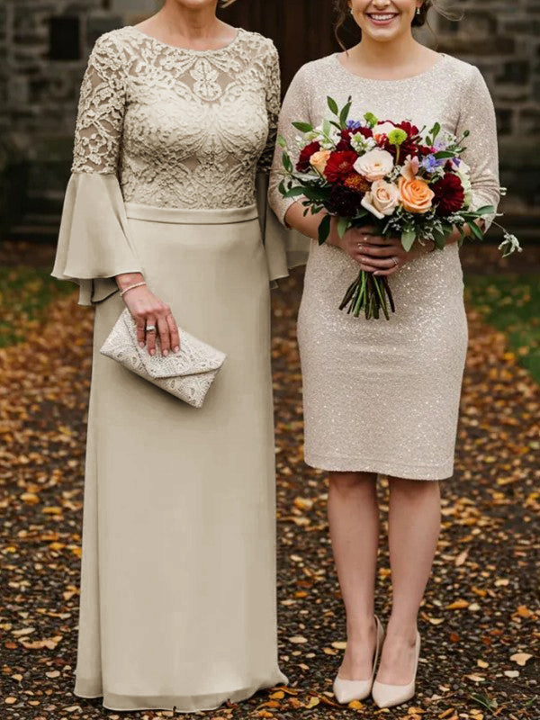 Sheath Scoop Long Sleeves Appliques Lace Floor-Length Chiffon Mother of the Bride Dress