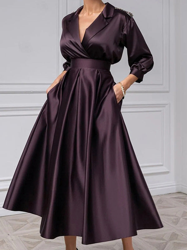 A-line V-neck 3/4 Sleeves Beading Tea-Length Silk Like Satin Mother of the Bride Dress