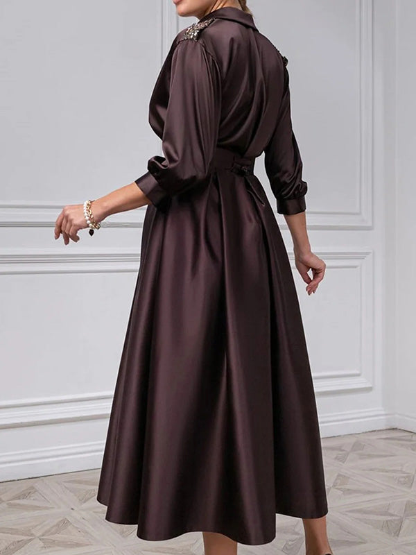 A-line V-neck 3/4 Sleeves Beading Tea-Length Silk Like Satin Mother of the Bride Dress