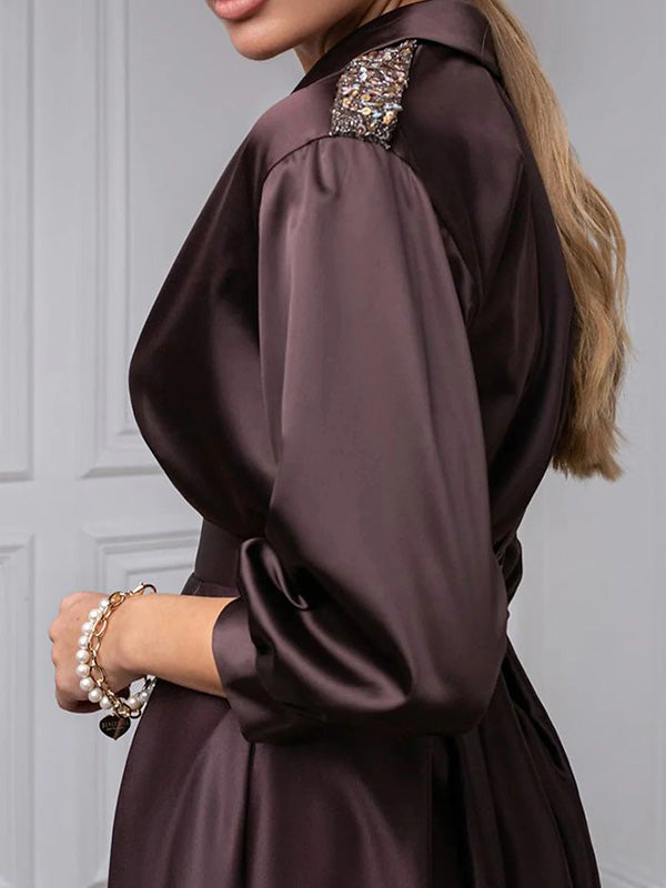 A-line V-neck 3/4 Sleeves Beading Tea-Length Silk Like Satin Mother of the Bride Dress