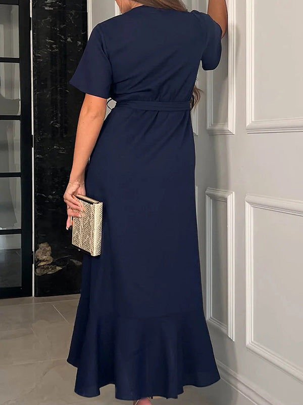 A-line V-neck Short Sleeves Ruffles Asymmetrical Stretch Crepe Mother of the Bride Dress