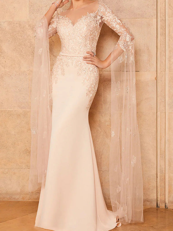 Sheath Scoop Long Sleeves Appliques Lace Stretch Crepe Mother of the Bride Dress