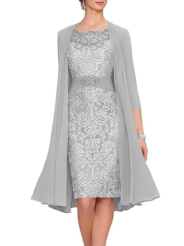 Sheath Bateau Short Sleeves Appliques Lace Knee-Length Chiffon Mother of the Bride Dress