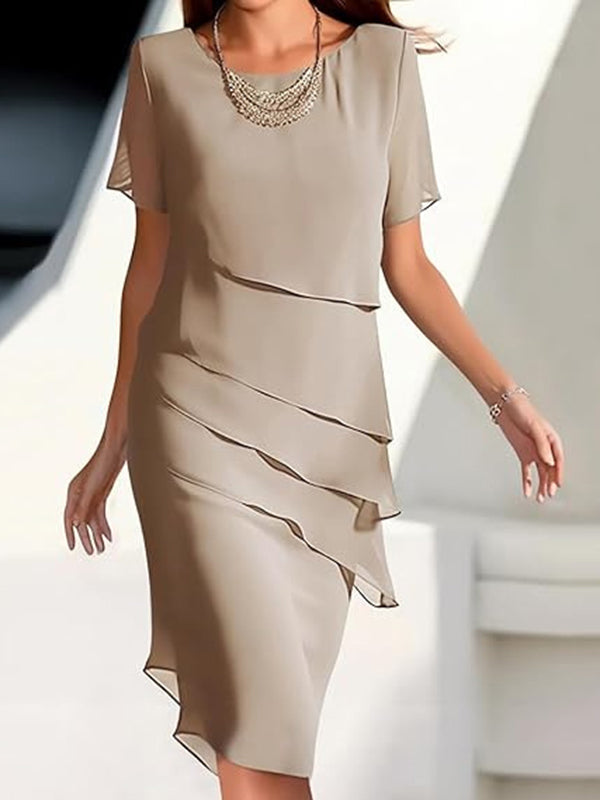Sheath Scoop Short Sleeves Ruffles Tea-Length Chiffon Mother of the Bride Dress
