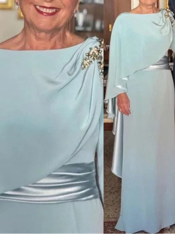 Sheath Bateau 3/4 Sleeves Ruffles Floor-Length Chiffon Mother of the Bride Dress