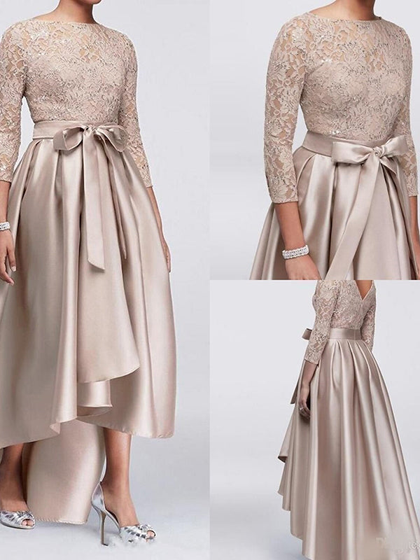 A-line Bateau 3/4 Sleeves Bow Asymmetrical Satin Mother of the Bride Dress